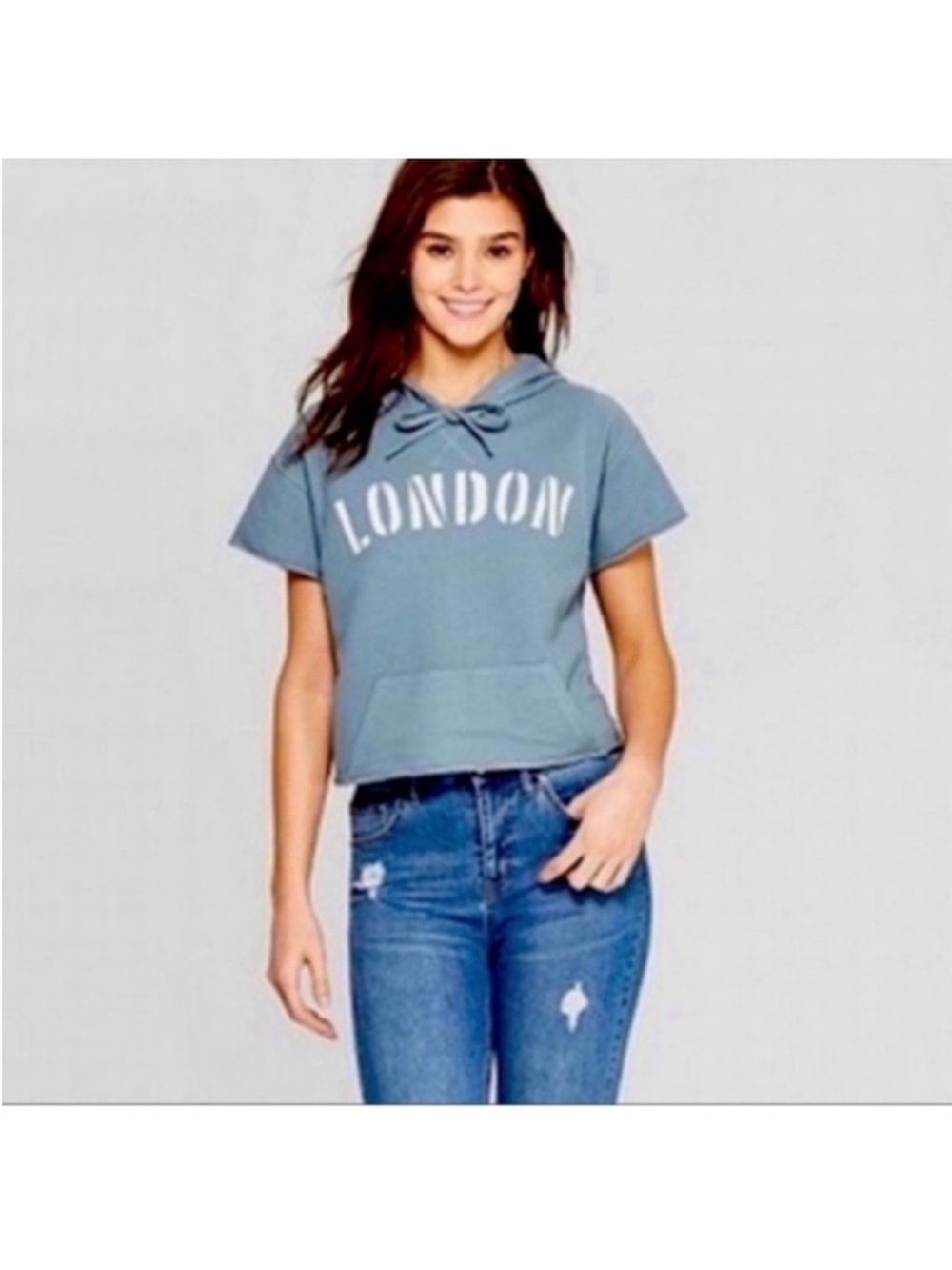 Grayson Thread Cropped hoodie/top/sweatshirt Sz S gray Blue London Front Print